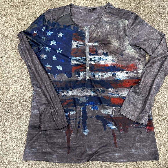 Jelly Buddy America Flag Henley Style Long Sleeve Shirt Adult Small 1/2‎ Button - Picture 1 of 4